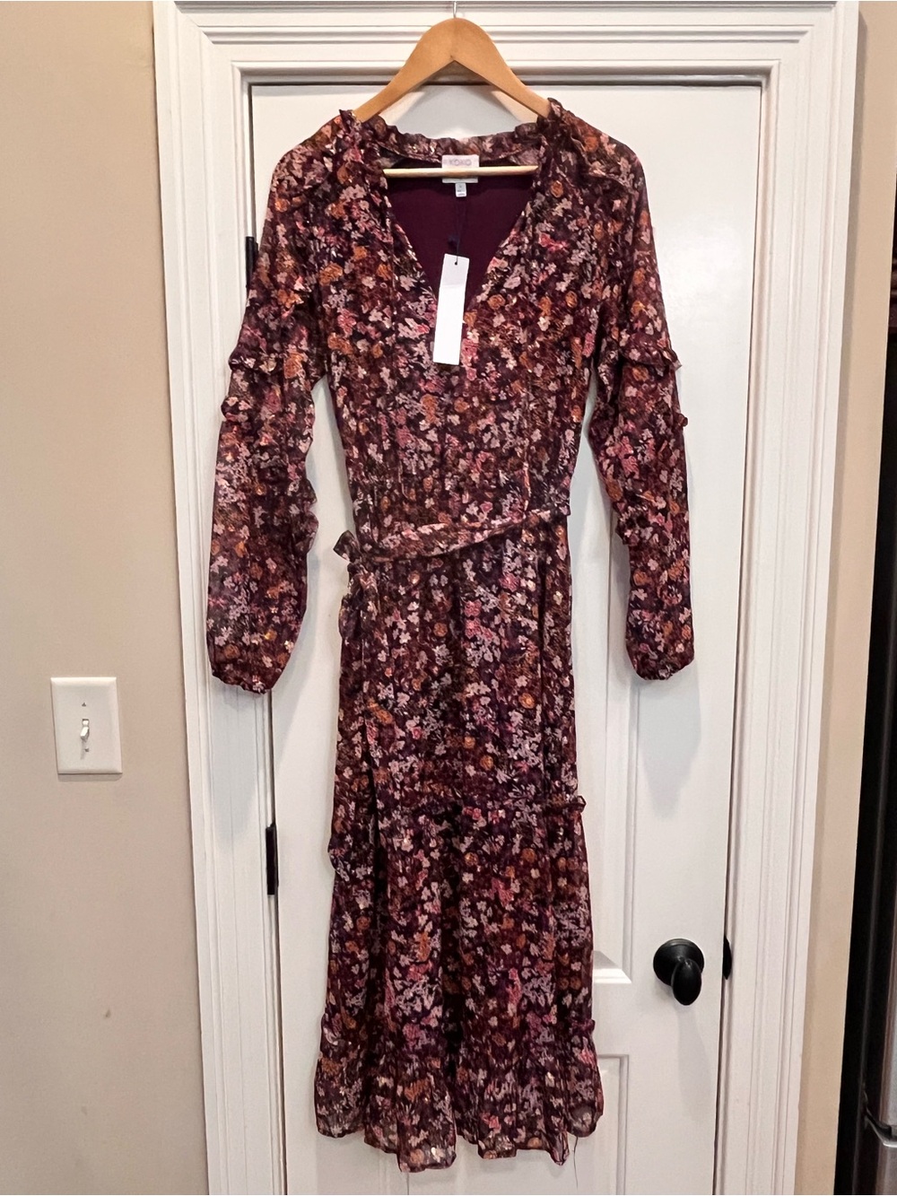 NWT Koko + Mason Floral Tiered Shimmer Midi Dress with Long Sleeves
